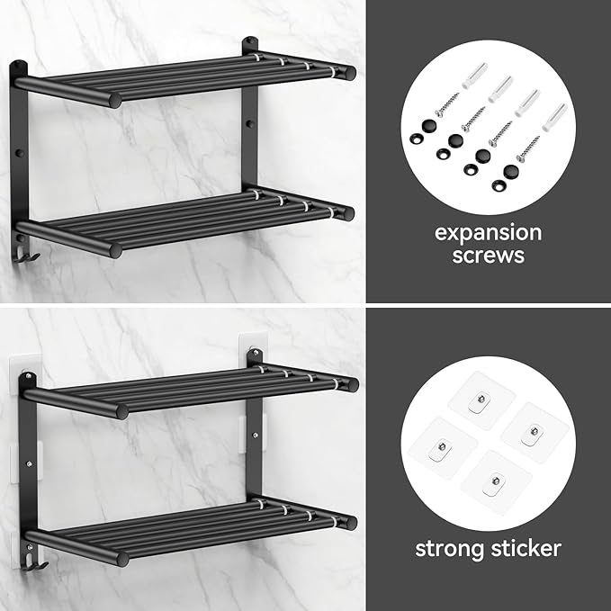 Black Adjustable Towel Bar for Bathroom Wall Mount17-30.7inch Adhesive Shower Towel Rack Stainless Steel Bath Towel Holders for Toilet Kitchen Double Towel Hanger (Black Double Towel Rack)