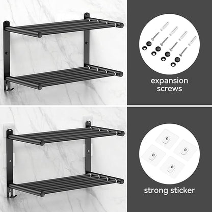Black Adjustable Towel Bar for Bathroom Wall Mount17-30.7inch Adhesive Shower Towel Rack Stainless Steel Bath Towel Holders for Toilet Kitchen Double Towel Hanger (Black Double Towel Rack)
