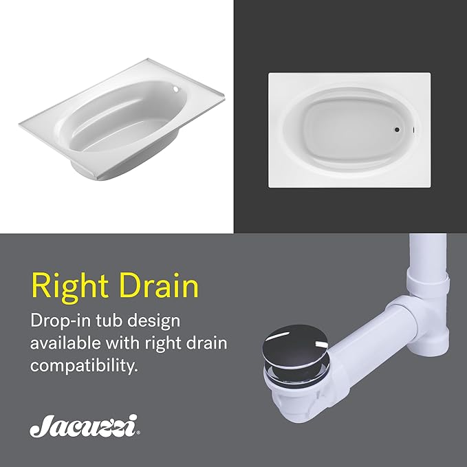 Jacuzzi SIGNATURE Acrylic Drop-In Bathtub, Jet Massage Tub, Slip Resistant, Right Drain Placement, 72" (L) x 42" (W), Oval In Rectangle, White