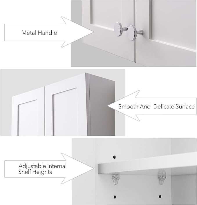 White Wall Mount Cabinet, MDF Over The Toilet Storage Cabinet with Adjustable Shelves, Space Saver 2 Door Medicine Cabinet for Bathroom Laundry Kitchen, 19x 27in, No Paint Odor