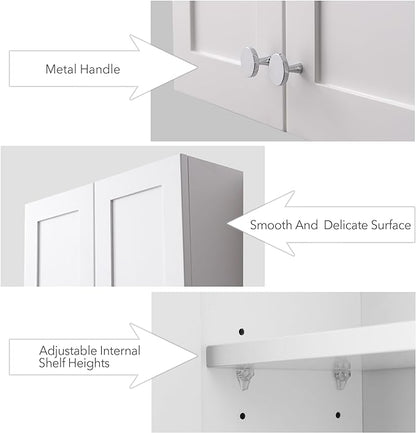 White Wall Mount Cabinet, MDF Over The Toilet Storage Cabinet with Adjustable Shelves, Space Saver 2 Door Medicine Cabinet for Bathroom Laundry Kitchen, 19x 27in, No Paint Odor