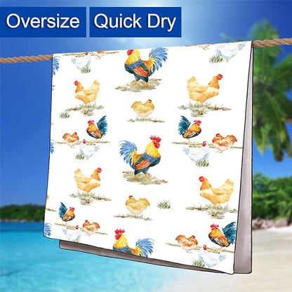 Country Rooster Pattern Beach Towel 36"x72" Quick-Dry Sand-Free Soft Microfiber