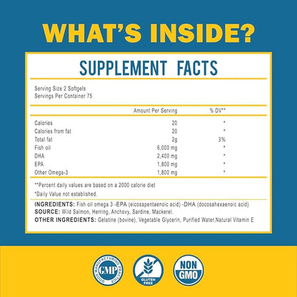 Omega 3 Fish Oil with Maximum EPA DHA - Supports Brain, Liver, Heart & Immunity - Made in The USA - 150 Softgels