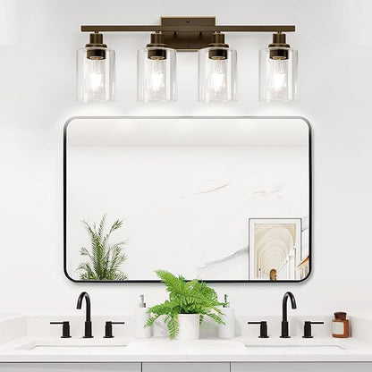 4-Light Bathroom Light Fixtures, Vanity Light with Clear Glass Shades, Oil-Rubbed Bronze Bathroom Light Fixtures Over Mirror, Modern Bathroom Wall Lamp for Mirror Living Room Cabinet Bedroom