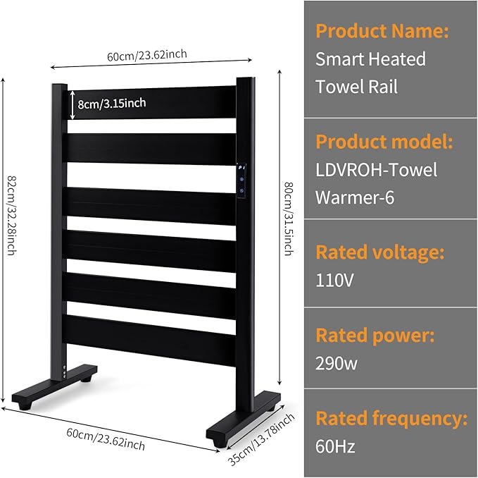 Towel Warmer Rack with 6 Widened Bars, Wall-Mounted Heated Towel Dryer with Timer, LED Display, 3 Temp Levels, Plug Overheat Protection, for Bathroom Spa Laundry (Matte Black)