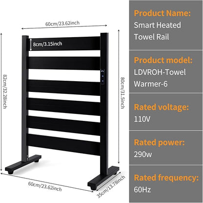 Towel Warmer Rack with 6 Widened Bars, Wall-Mounted Heated Towel Dryer with Timer, LED Display, 3 Temp Levels, Plug Overheat Protection, for Bathroom Spa Laundry (Matte Black)