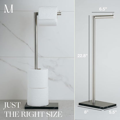 MARMOLUX ACC Free Standing Brushed Nickel Toilet Paper Holder Stand - 4 Jumbo Roll Bathroom Hardware - Standing Toilet Paper Holder - Stainless Steel Toilet Paper Stand - Brushed Steel/Black Marble