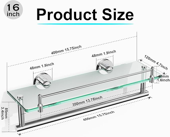 16-Inch Floating Tempered Glass Bathroom Shelf with Towel Bar - Chrome Polished & Stainless Steel, Wall Mount