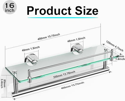 16-Inch Floating Tempered Glass Bathroom Shelf with Towel Bar - Chrome Polished & Stainless Steel, Wall Mount