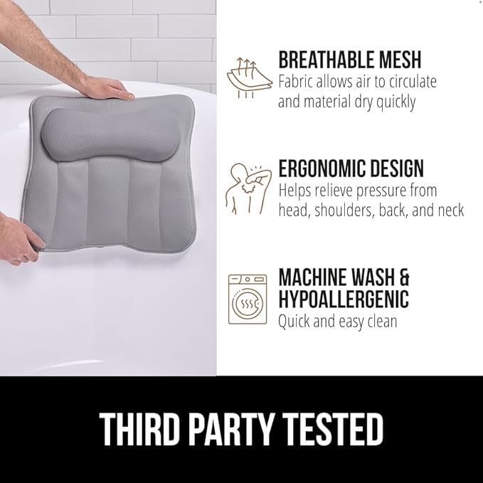 GORILLA GRIP Bath Pillow for Tub with Powerful Suction Cups, Headrest Pillows for Neck and Back Support, Machine Wash, Bathtub and Hot Tub Accessories, Relaxing Spa Gift Essentials for Women, Gray