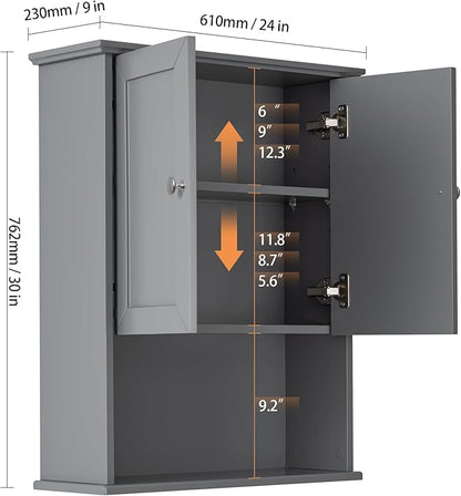 Grey Wall Mounted Bathroom Cabinet 24x30 Inch Wooden Over Toilet Storage Cabinet with 2 Doors, Above Toilet Medicine Cabinets for Bathroom Laundry Room Bedroom Kitchen
