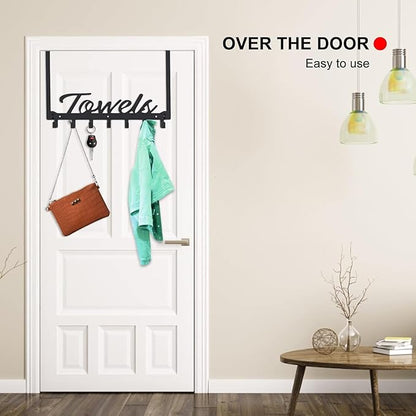 2 Pack Over The Door Hooks, Towel Rack for Bathroom Towel Holder for Hanging Heavy Duty, Over Door Towel Hanger with 14 Coat Hooks for Bedroom Bathroom Kitchen Towels, Bags, Hats - Black