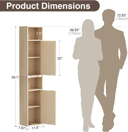 59.1" Tall Slim Bathroom Storage Cabinet Oak | Freestanding or Wall Mounted Modular Cabinet, Fluted Panel Linen Tower with Adjustable Shelves for Small Spaces