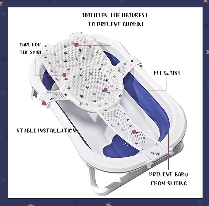 Baby Bath Seat Support Net Soft Headrest Baby Bath Cushion Pad, Breathable Newborn Infant Bathtub Shower Mesh Mat, Adjustable Shower Pad Portable Anti-Slip Bath Sling 0-18 Months, Stars (No Bathtub)