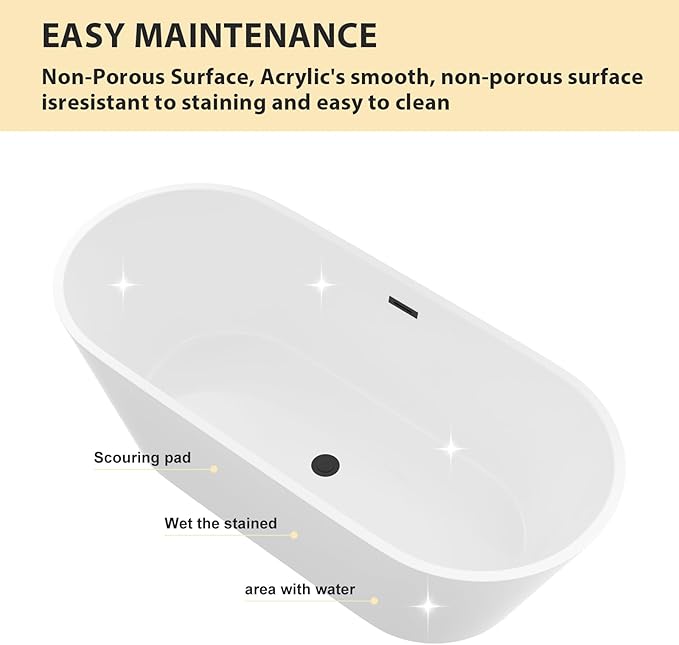 Logmey 67 Inch White Acrylic Freestanding Bathtub Oval Shape Soaking Tub with Black Drain & Overflow Assembly for Classic and Modern Bathrooms
