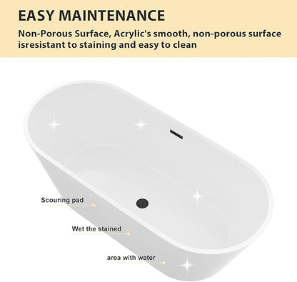 Logmey 67 Inch White Acrylic Freestanding Bathtub Oval Shape Soaking Tub with Black Drain & Overflow Assembly for Classic and Modern Bathrooms