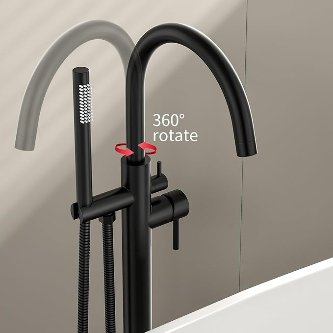 Freestanding Bathtub FaucetFloor Mount Bathtub Filler Shower Mixer Faucet with Handheld Shower Sprayer Swivel, Side Inlet，Matte Black