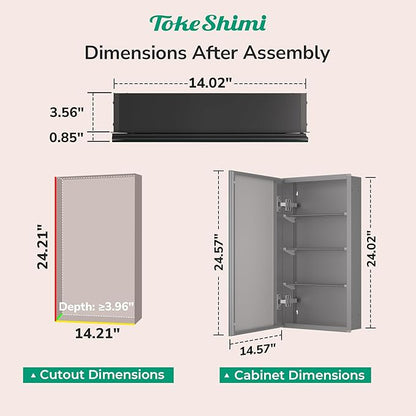 TokeShimi 14x24 Bathroom Mirror with Storage Tempered, Aluminum Black Recessed Medicine Cabinet with Mirror Frameless Stepless Adjustable Shelf, Surface Mount Medicine Cabinet for Bathroom