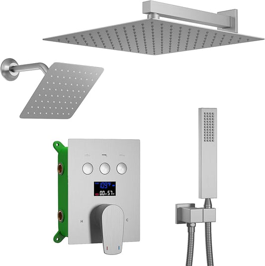 Temperature Display Shower Fixtures Brushed Nickel Rainfall Shower System, Push Button Shower Faucet with 2 Wall Mounted Shower Head(12+8"), Handheld Shower