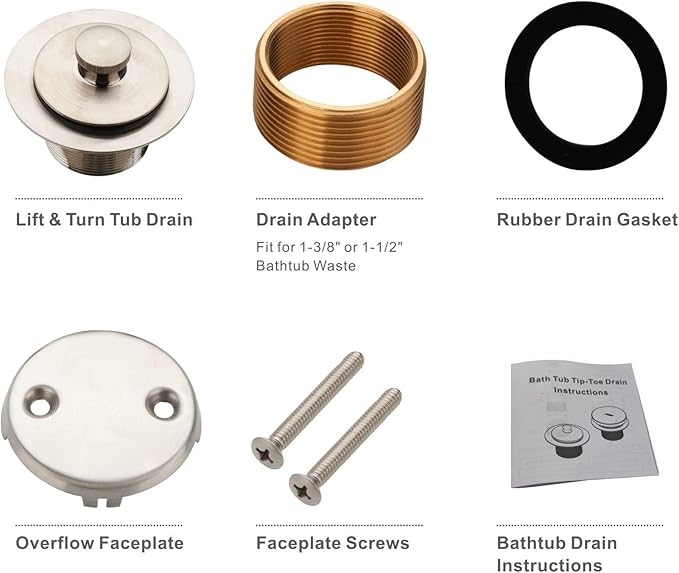 Bathtub Tub Drain Conversion Kit Assembly, Wellup Lift and Turn Twist Tub Drain Trim Kit with Two-Hole Overflow Faceplate, Brushed Nickel