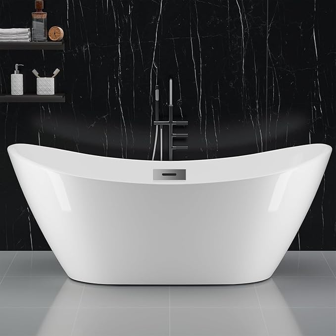 59'' Freestanding Bathtub, Deep Soaking Tub with Non-Slip Base, Acrylic, cUPC Certified Free Standing Tub, Chrome Drain Bath Tub, Modern Tub for Bathrooms, White