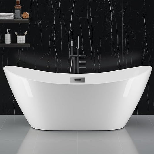 59'' Freestanding Bathtub, Deep Soaking Tub with Non-Slip Base, Acrylic, cUPC Certified Free Standing Tub, Chrome Drain Bath Tub, Modern Tub for Bathrooms, White