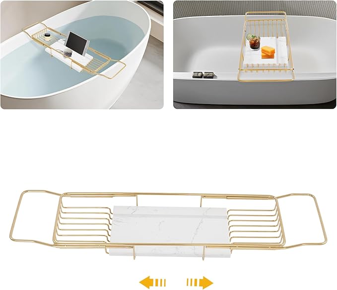 Bath Tub Tray Expandable Bathtub Tray 26.77-35.43 in, Bathtub Trays with Marble Board Bath Trays for Tub Luxury Bathtubs & Bathroom Accessories for Relaxing Spa,Suitable for Bathtubs Gold
