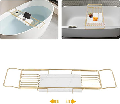 Bath Tub Tray Expandable Bathtub Tray 26.77-35.43 in, Bathtub Trays with Marble Board Bath Trays for Tub Luxury Bathtubs & Bathroom Accessories for Relaxing Spa,Suitable for Bathtubs Gold
