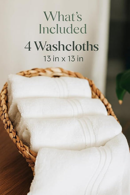 Milara Turkish Super-Plush Wash Cloths Set 4-Piece | Premium 100% Cotton Washcloths Absorbent, Durable with Hanging Loops | White Color Bath Washcloths, (13 x 13 Inch)