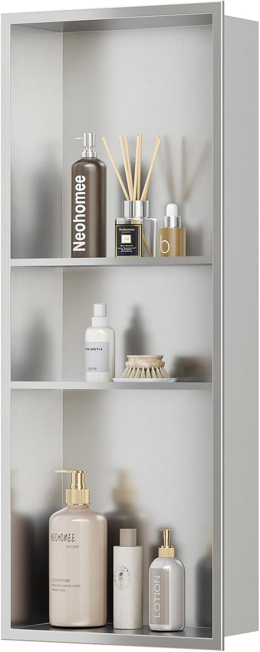 Neodrain 12X30 in Shower Niche, 3 Layers Brushed Wall Niche Stainless Steel Recessed Cubby NO Tile Needed Recessed Niche Shower for Bathroom Storage
