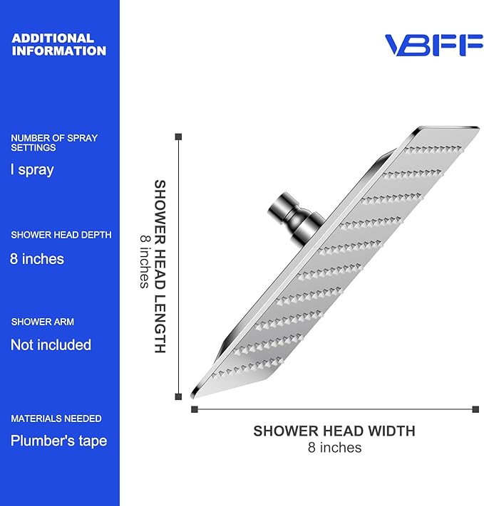 VBFF-Shower Head,rain shower head, 8 inch- Square Shower Head, 1.8 GPM Flow Rate, rainfall showerhead,VBFF07 (Chrome)