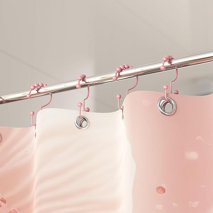 Titanker Shower Curtain Hooks Rings, Rust-Resistant Metal Double Glide Shower Hooks for Bathroom Shower Rods Curtains, Set of 12 Hooks - Light Pink