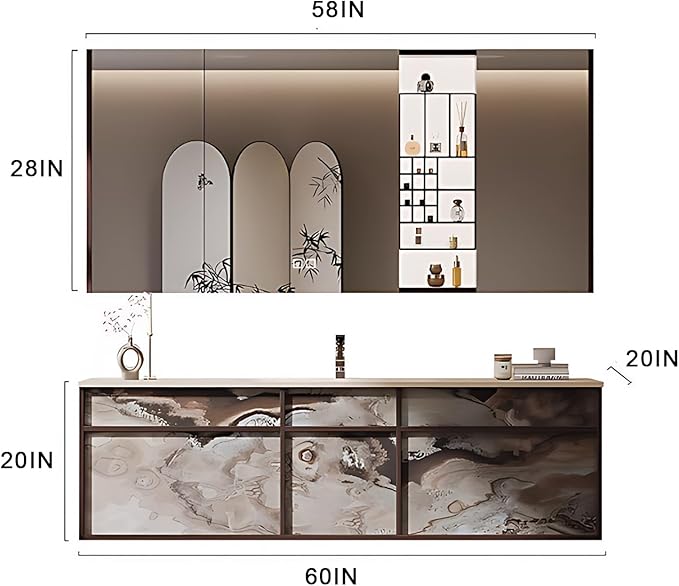 60IN Modern Bathroom Vanity with Sink - Bathroom Vanity with 2 Drawer Organizer, LED Mirror Lights & Defogging Function | Wall - Mounted Vanity with Silver Sink Faucet
