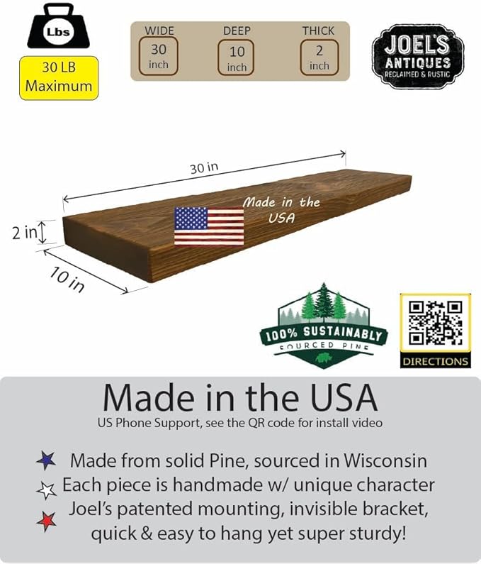 joelsantiques 30 Inch Floating Shelves for Wall - 30x10x2 in - Made of Natural Wood - Easy Install - Heavy Duty Rustic Book Shelves - Perfect for Bathroom, Kitchen, Living Room, Bar - Medium Brown