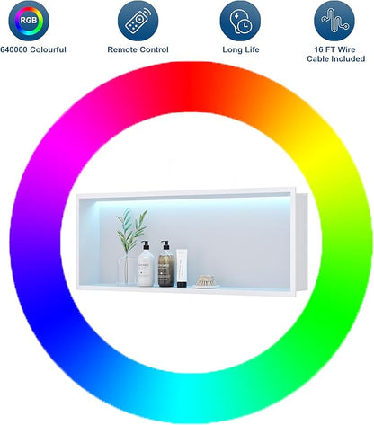 30X12 RGB Shower Niche, White Stainless Steel LED Wall Recessed Organizer, No Tile Needed Wall Niche for Bathroom Storage Built-in Installation