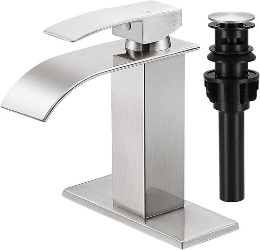 Bathroom Faucets Brushed Nickel Waterfall Bathroom Sink Faucet Modern Single Handle Bathroom Faucet for 1 or 3 Hole Mxier Tap Washbasin Faucet with Deck, Pop-up Drain and Supply Hoses