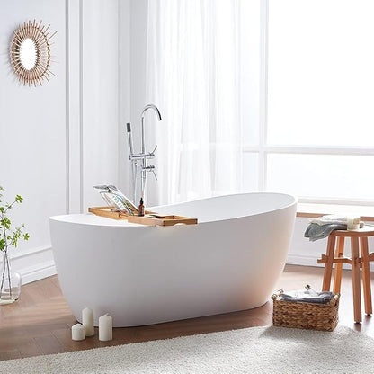 Cpingao 59" Solid Surface Freestanding Bathtub, Contemporary Oval Stone Resin Stand Alone Soaking Tub with Overflow and Pop Up Drain, One-Piece Molding Matte White 8828-1500