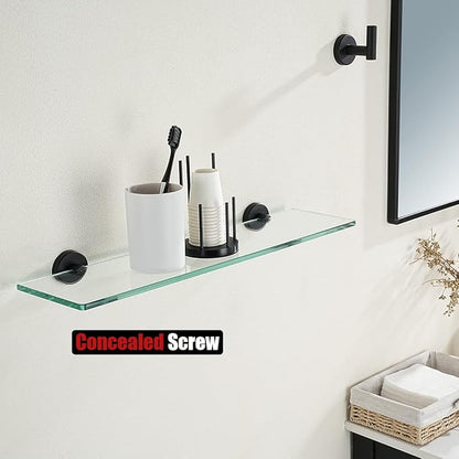JQK Bathroom Glass Shelf Black, Tempered Glass Shower Storage 20 by 5 inches, 304 Stainless Steel Matte Black Wall Mount, TGS101L20-PB