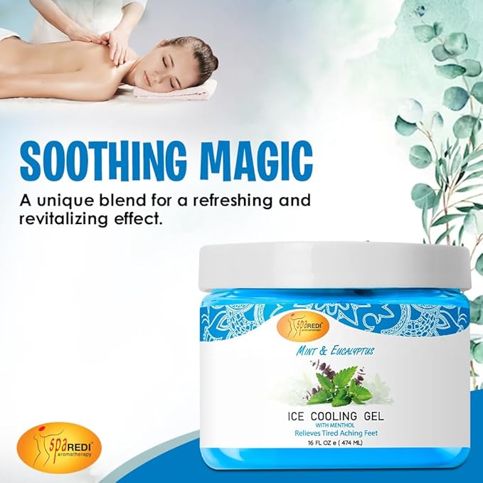 SPA REDI - Massage Cooling Gel for Pedicure, Mint and Eucalyptus Oil with Menthol 16 Oz, Peppermint Extract - Professional Strength Pedicure Foot and Leg Ice Cooling Gel Massage Therapy,