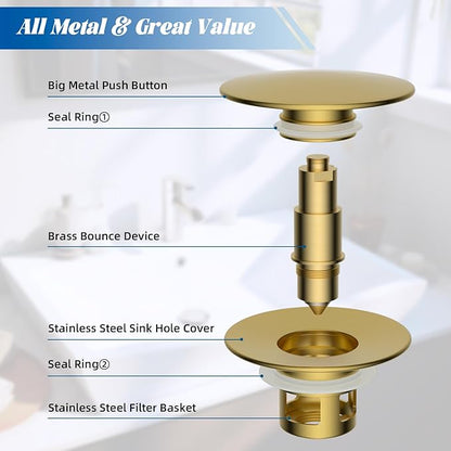 Hibbent 2 Pack All Metal Bathroom Sink Stopper, Universal Pop Up Drain Strainer, Brass Bullet Core Push Type Sink Stopper for 1.1''~2.3'' Basin, Big Push Button, Anti Clogging Filter, Brushed Gold
