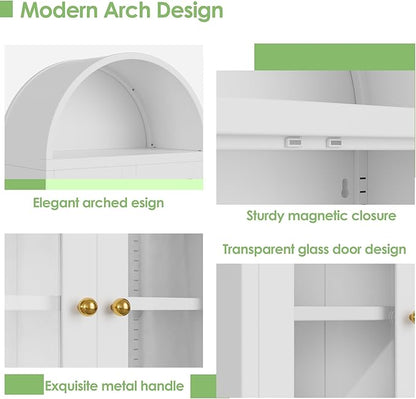 Metal Arched Wall Cabinet,Bathroom Wall Mounted Cupboard,Modern Arched Storage Cabinet with Glass Door and Adjustable Shelf,Space Saver Wall Cabinet,Requires Assembly(White)