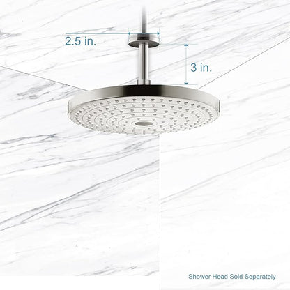 OFFO Shower Arm with Flange, 3 in Brushed Nickel Ceiling Mount Replacement Rain Shower Head Straight Arm Ceiling-Mounted For Fixed Shower Head & High Pressure Rain