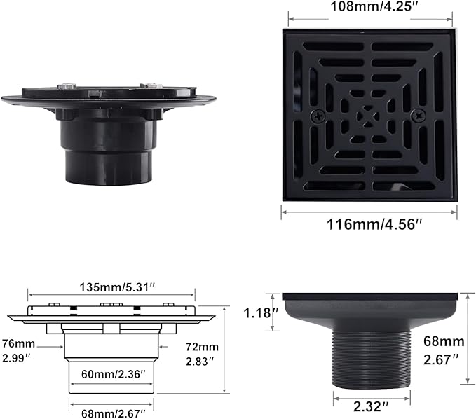 4-1/4 Inch Black Shower Drain Square, Base with Adjustable Drain Flange Kit PVC, Removable Grille Strainer Drain Cover with Screws, SUS304 Stainless Steel