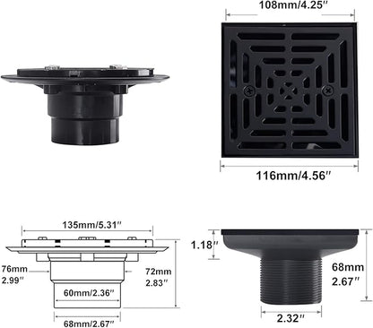 4-1/4 Inch Black Shower Drain Square, Base with Adjustable Drain Flange Kit PVC, Removable Grille Strainer Drain Cover with Screws, SUS304 Stainless Steel