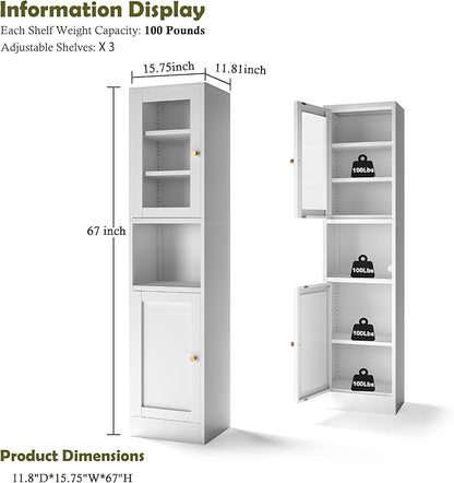 COFaR 67" Tall Metal Bathroom Storage Cabinet,6-Tier Narrow Cabinet with Glass Doors and Adjustable Shelves,Linen Cabinet for Small Spaces,Tall Cabinet for Bathroom,Living Room,White