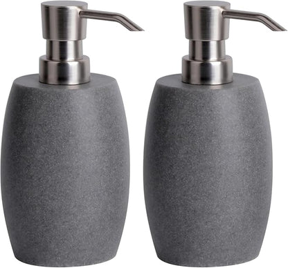 Sandstone Textured Resin Soap Dispenser with Metallic Pump and Waterproof Bottle Labels for Bathroom Kitchen Dish Hand Wash Shower Lotion Shampoo, 12 Oz, 2 Sets Gray