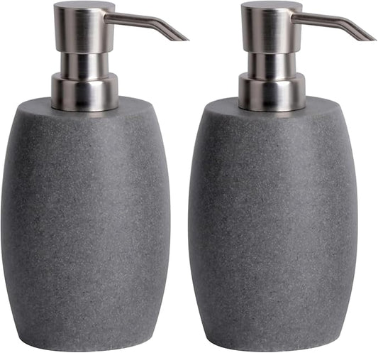 Sandstone Textured Resin Soap Dispenser with Metallic Pump and Waterproof Bottle Labels for Bathroom Kitchen Dish Hand Wash Shower Lotion Shampoo, 12 Oz, 2 Sets Gray