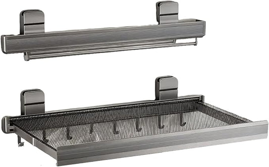 Oleth Telescopic Suction Cup Bathroom Towel Rack & Balcony Drying Net: Super Strong Suction, Tool-Free Install, Wall-Safe. Fits Smooth Surfaces for Towels/Small Items.Bathroom Concealed Folding Shelf