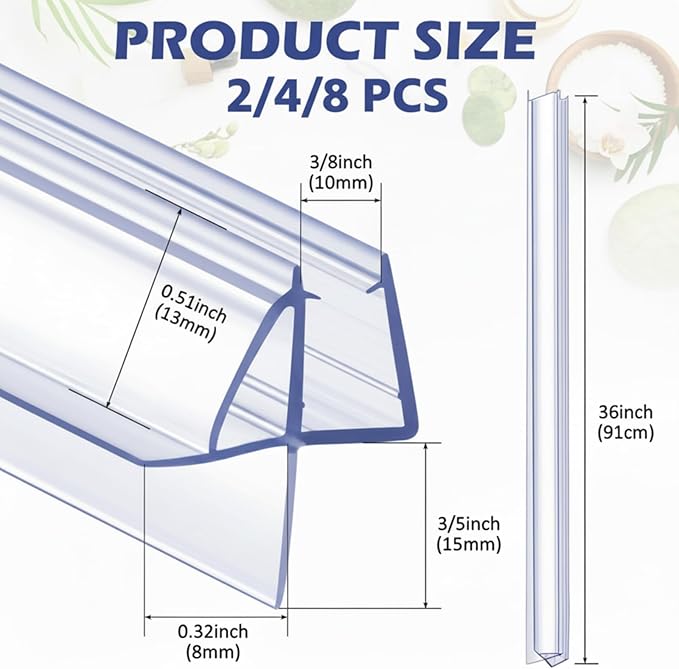 Frienda 4 Pcs Shower Door Bottom Seal 3/8" x 36'' Clear PVC Glass Door Sweep Shower Frameless Seal Strip for Replacement Stopping Leaks and Creating Water Barrier
