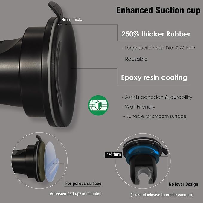 Hand held Showerhead Holder Wall Mounted with Suction Cup - Reusable- Wide Anlge Adustable Shower Hose Holder (Matte Black)